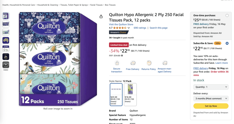 Amazon: Quilton Hypo Allergenic 2 Ply 250 Facial Tissues Pack, 12 packs – 34% Off – $22.95